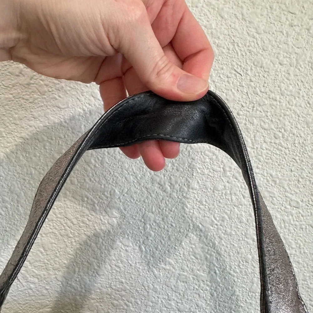 Kooba Metallic‎ Pewter Leather Bow Shoulder Bag Hobo Brass Hardware Vintage Y2K